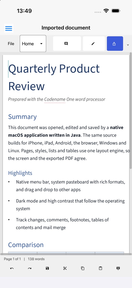 The Java word processor on an iPhone