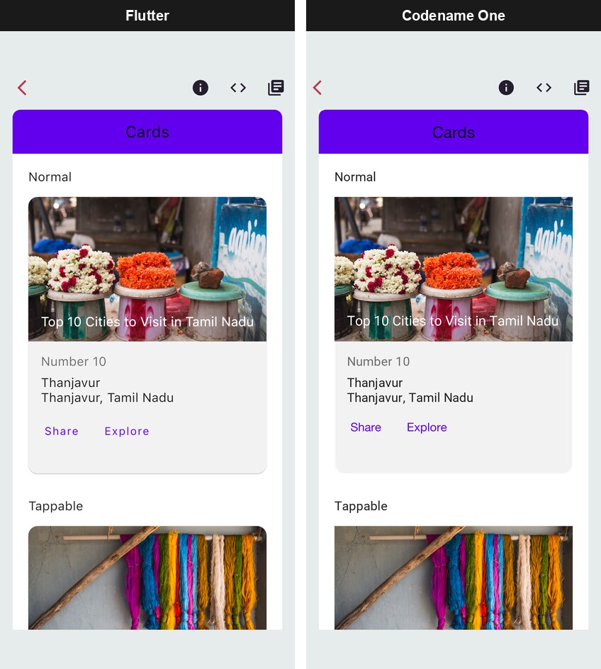 The Cards demo rendered by Flutter and by Codename One