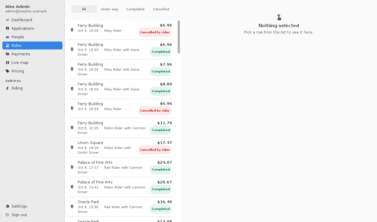 The rides section of the console: filters for all, under way, completed and cancelled rides above a list of rides with their fares and states